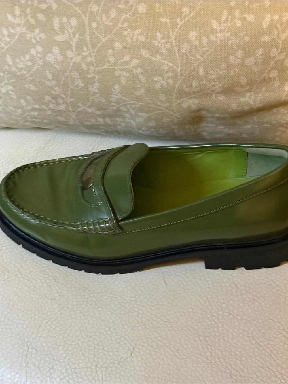 Free People Liv Olive Green Leather Penny Loafers with Gold Accent